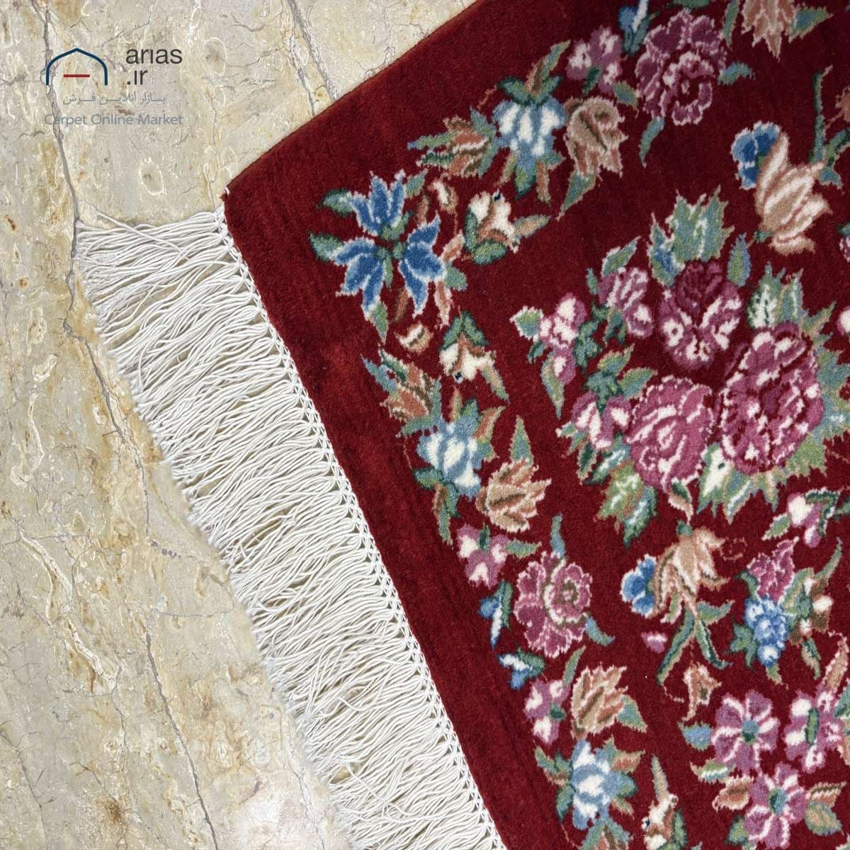 فرش دستباف مربعی نقشه دیبا زمینه لاکی بافت کرمان کد D09134 — تصویر ۷