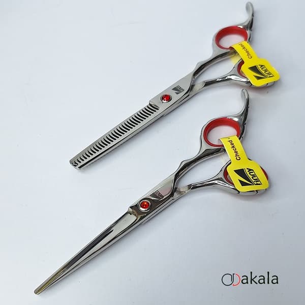 ست قیچی آرایشگری نقره ای تم قرمز بدون شیار صیام فینی 6 اینچ پلاس — تصویر ۴