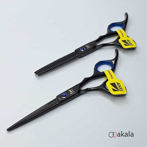 ست قیچی آرایشگری مشکی تم آبی بدون شیار صیام فینی 6 اینچ پلاس — تصویر ۱۲