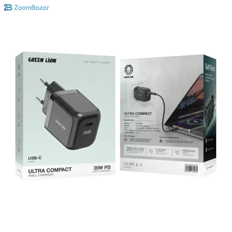 شارژر دیواری GaN گرین لاین 2 پین EU USB-C 20W — تصویر ۶