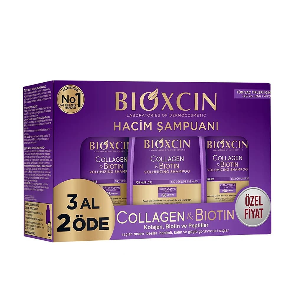 پک 3 عددی شامپو حجم‌دهنده بیوکسین مدل COLLAGEN & BIOTIN حجم 3×300 میلی‌لیتر