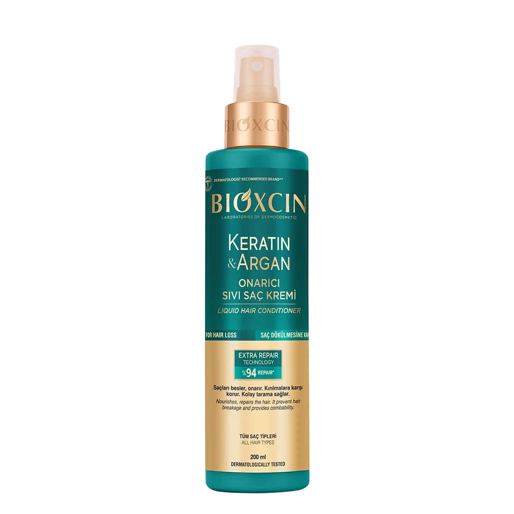 اسپری مو ترمیم‌کننده بیوکسین مدل KERATIN & ARGAN مناسب موهای آسیب‌دیده و حساس حجم 200 میلی‌لیتر