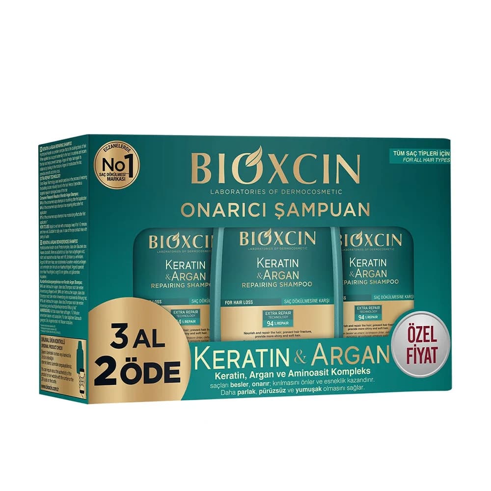پک 3 عددی شامپو ترمیم‌کننده بیوکسین مدل KERATIN & ARGAN حجم 3×300 میلی‌لیتر