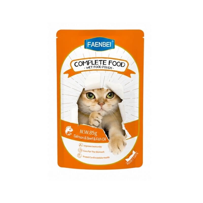 پوچ گربه فنبی با طعم سالمون و گوشت و روغن ماهی وزن 85 گرم