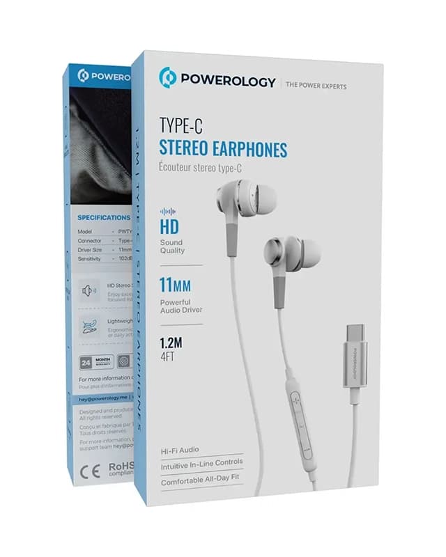 هندزفری سیمی پاورولوژی Powerology Type-C Stereo Earphones PWTYPECWH — تصویر ۵