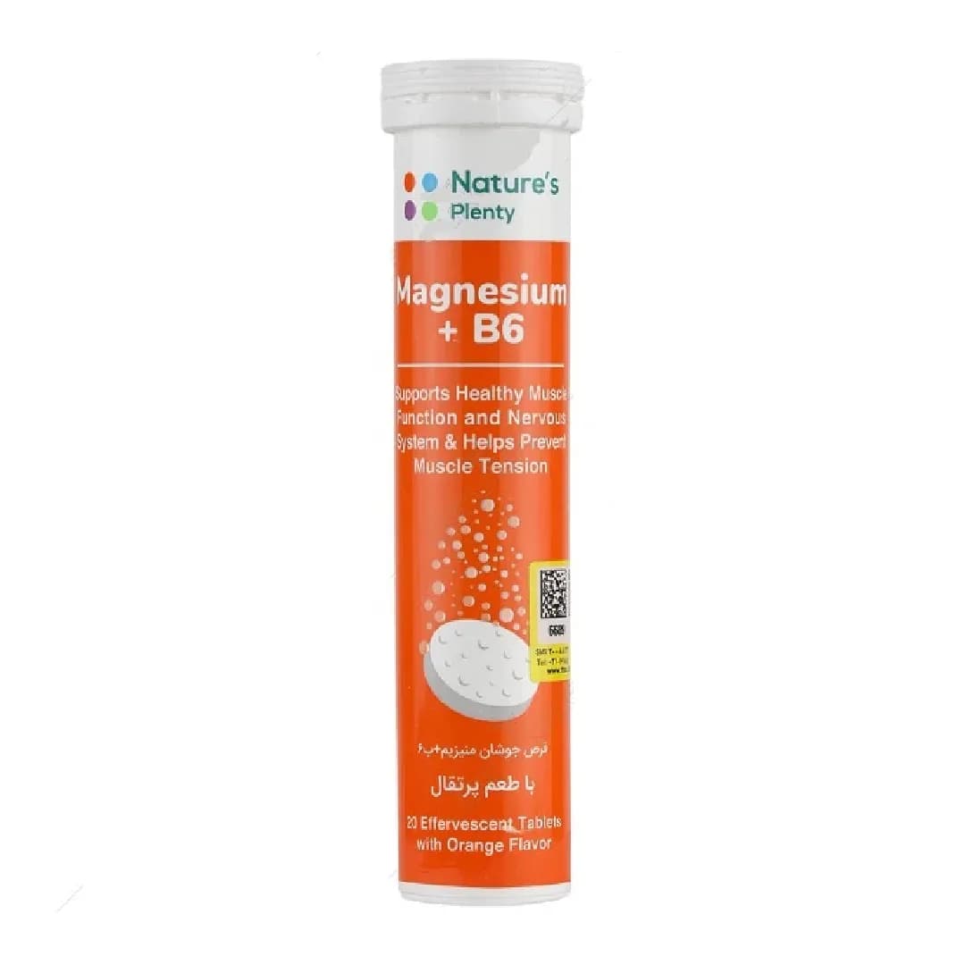 قرص جوشان منیزیم و ویتامین ب6 نیچرز پلنتی طعم پرتقال 20 عددی/Natures Plenty Mangnesium And Vitamin B6 20 Effervescent Tablets