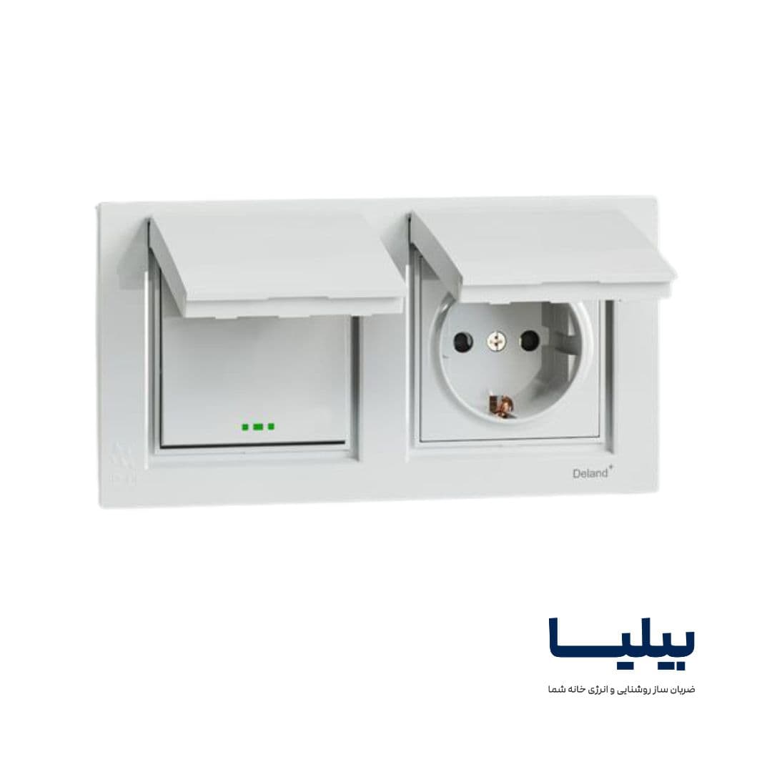 پریز برق ارت و کلید یک پل دوقلو توکار سفید آسا بارانی دلند — تصویر ۳