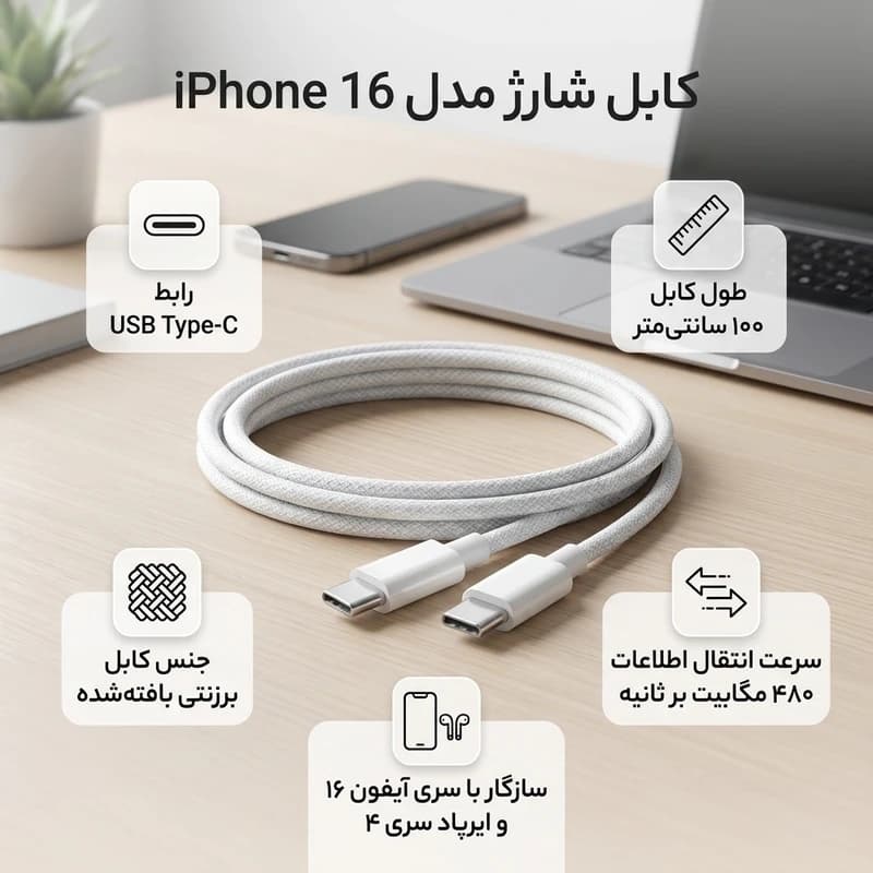 کابل دوسر تایپ سی مدل iPhone 16 طول 1 متر — تصویر ۵