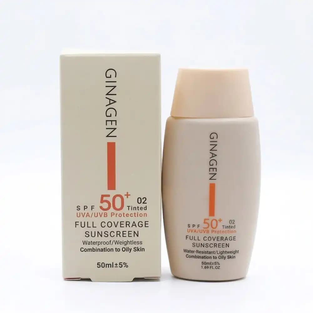 کرم ضدآفتاب SPF 50 رنگی ژیناژن (GINAGEN) کد 02 مناسب پوست چرب و مختلط حجم ۵۰ میلی لیتری — تصویر ۵
