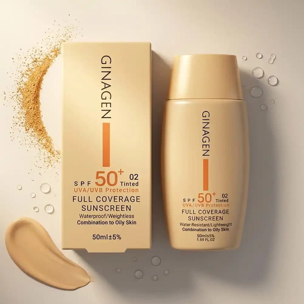 کرم ضدآفتاب SPF 50 رنگی ژیناژن (GINAGEN) کد 02 مناسب پوست چرب و مختلط حجم ۵۰ میلی لیتری — تصویر ۶