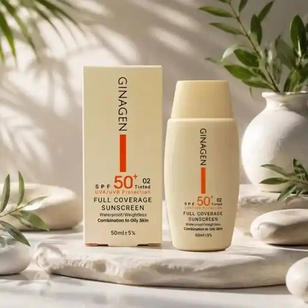 کرم ضدآفتاب SPF 50 رنگی ژیناژن (GINAGEN) کد 02 مناسب پوست چرب و مختلط حجم ۵۰ میلی لیتری — تصویر ۷