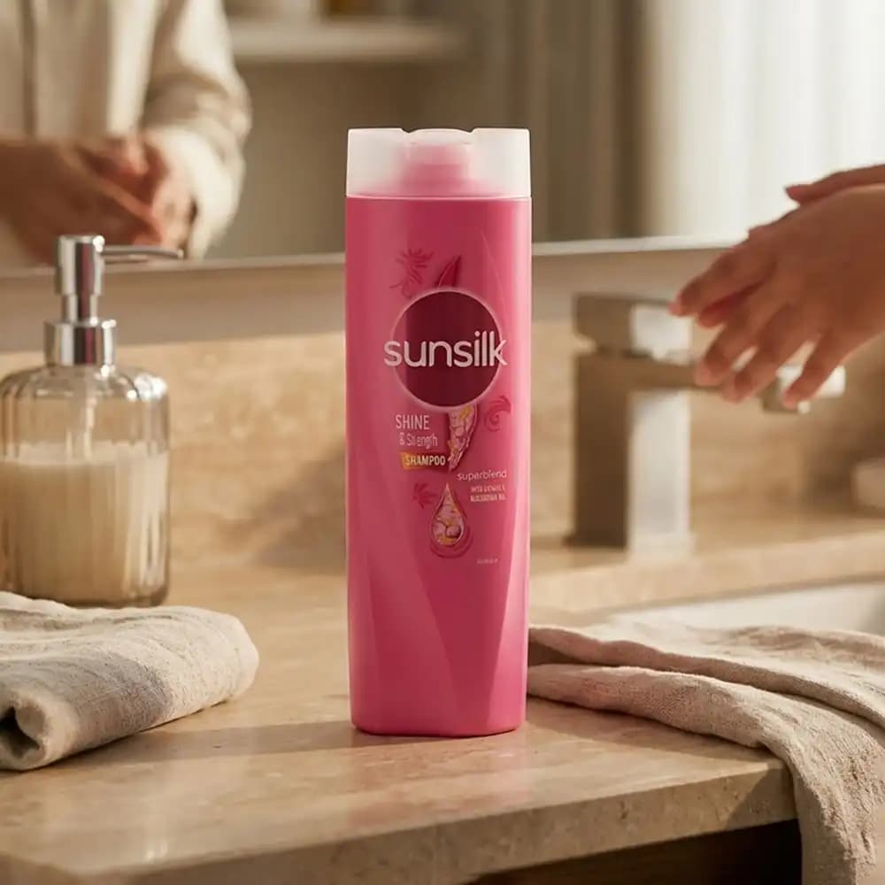 شامپو سانسیلک (sunsilk) صورتی مدل تقویت‌کننده و درخشان‌کننده (Shine & Strength) حجم ۳۵۰ میلی لیتری — تصویر ۷