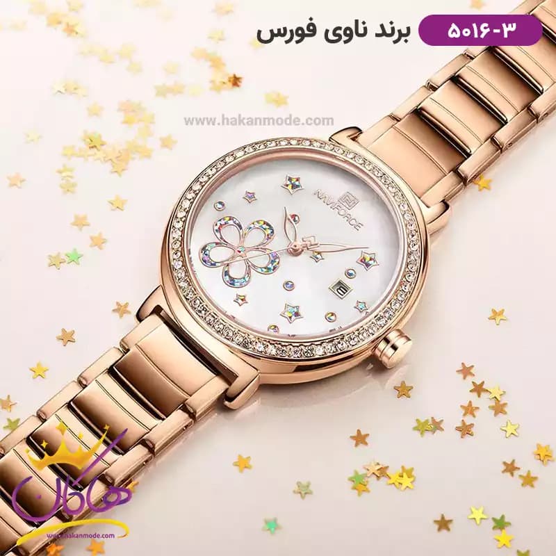 ساعت زنانه نیوی فورس رزگلد صفحه سفید گل دار 5016/3 — تصویر ۶