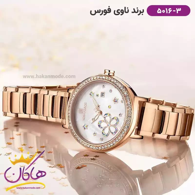 ساعت زنانه نیوی فورس رزگلد صفحه سفید گل دار 5016/3 — تصویر ۸