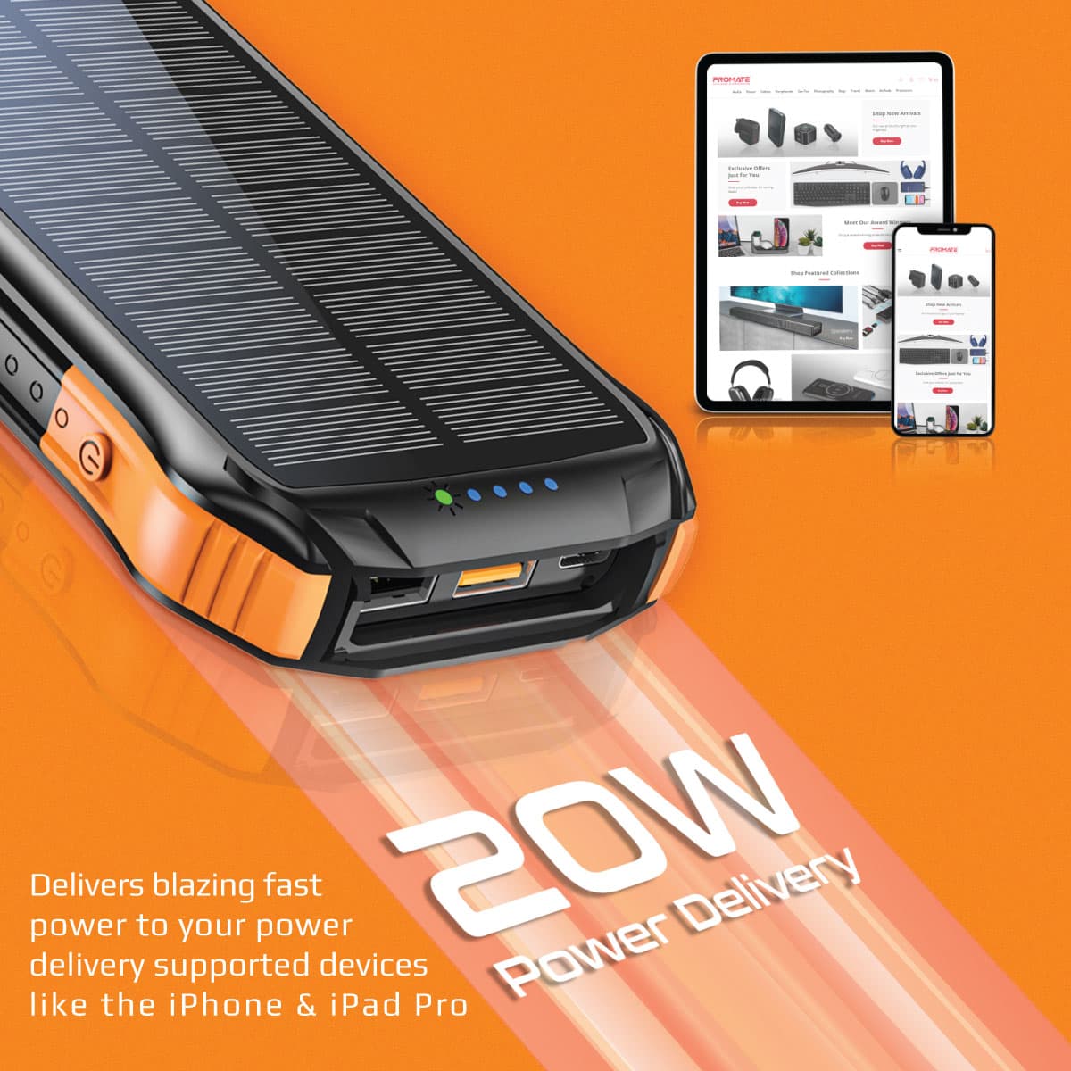 پاور بانک خورشیدی پرومیت مدل Promate Rugged EcoLight Multi-Port Solar Power Bank SolarTank-10PDQi با ظرفیت 10000mAh — تصویر ۱۲