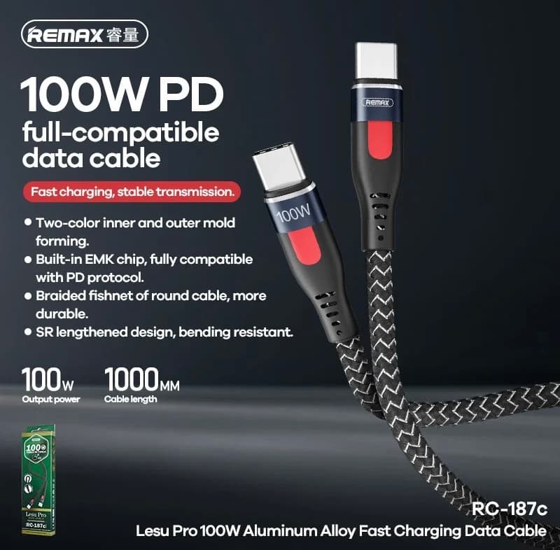 کابل تایپ سی به تایپ سی ریمکس مدل REMAX RC-187C با توان 100W — تصویر ۴