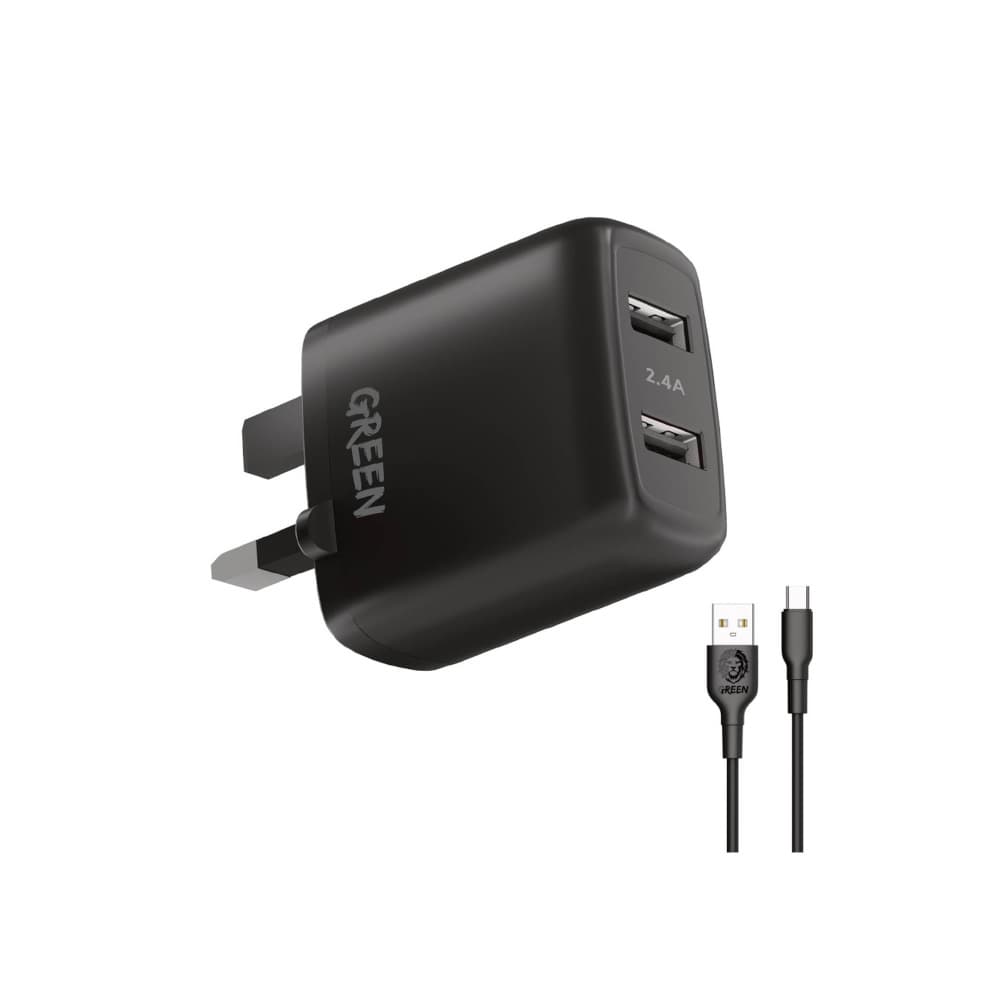 شارژر دیواری دو پورت گرین لاین مدل Green Lion GNC24ATYCBK با توان 12W به همراه کابل تایپ سی — تصویر ۲