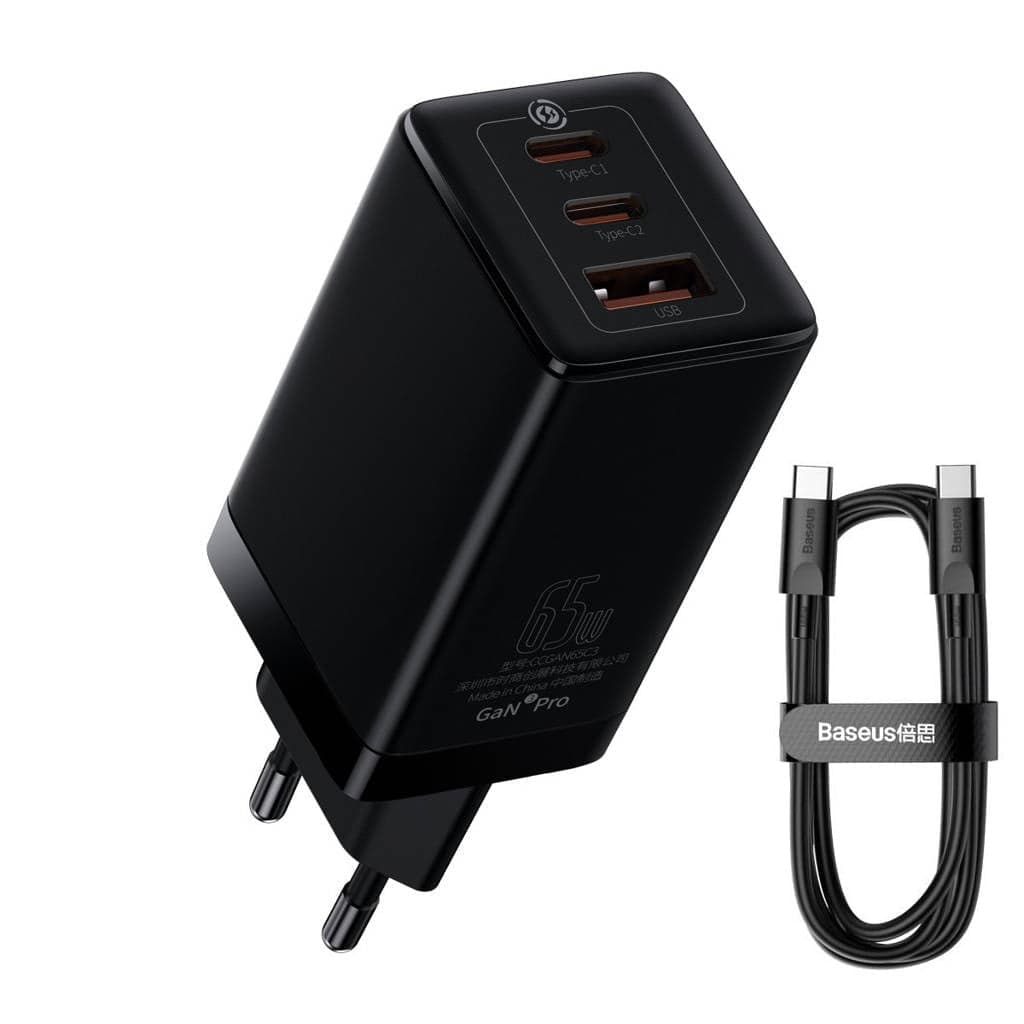 شارژر دیواری 65 وات باسئوس مدل CCGAN65E3 به همراه کابل USB-C