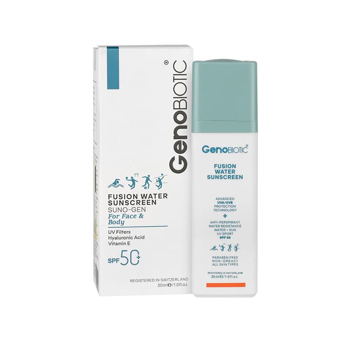 ضد آفتاب فیوژن واتر ژنوبایوتیک بی رنگ SPF50 مناسب انواع پوست — تصویر ۹