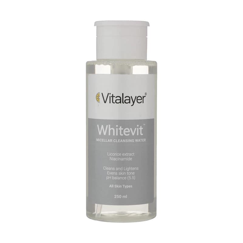 محلول پاک کننده آرایش ویتالیر مدل Whitevit مناسب پوست های کدر و مستعد لک 250 میل Vitalayer Whitevit makeup remover solution suitable for dull and blemish-prone skin, 250 ml — تصویر ۷