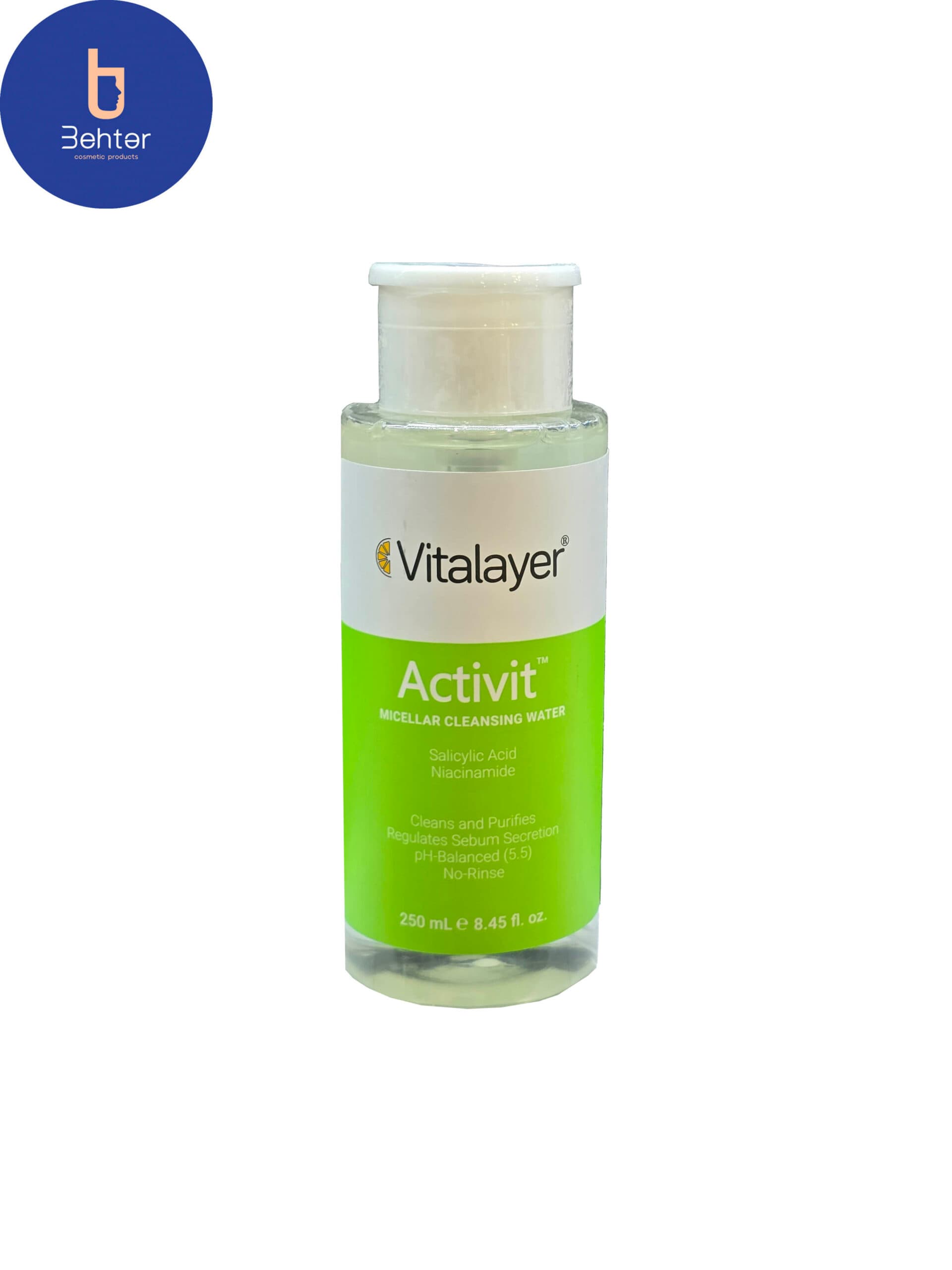 محلول پاک کننده آرایش ویتالیر مدل Activit مناسب پوست چرب و مختلط 250 میل Vitalayer Activit makeup remover solution, suitable for oily and combination skin, 250 ml