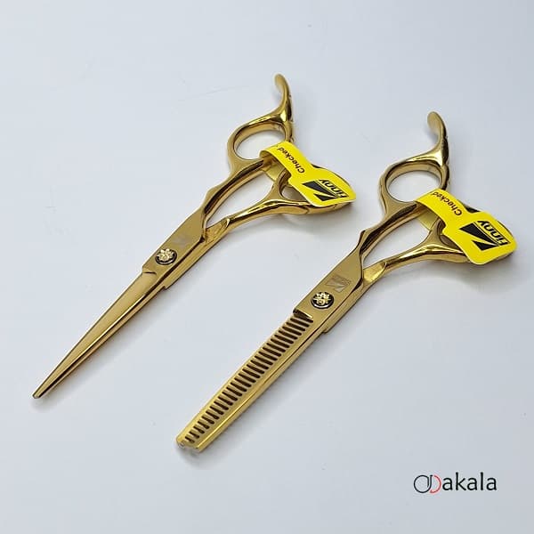 ست قیچی آرایشگری 5.5 اینچ پلاس صیام فینی طلایی پیچ مشکی — تصویر ۱۲
