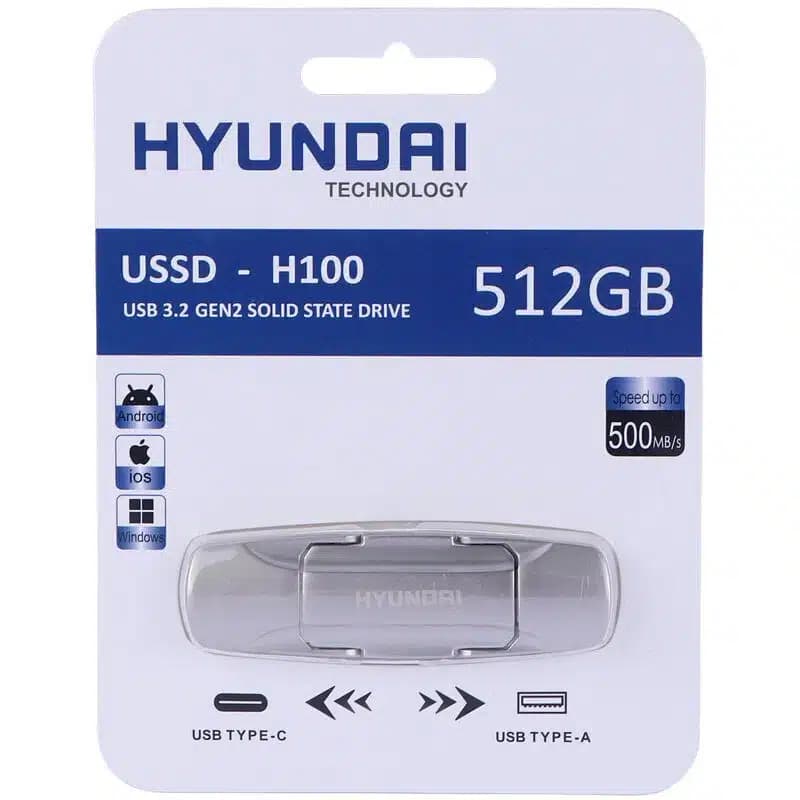 هارد SSD اکسترنال 512GB دوسر (Type-C & Type-A) هیوندای (HYUNDAI) مدل USSD-H100 500MB/S USB 3.2 گارانتی IPM — تصویر ۷