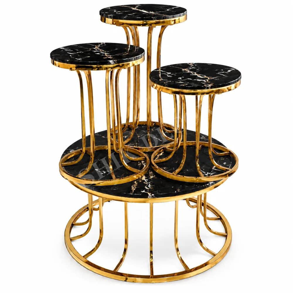 میز جلو مبلی مدل آریا | ست فلزی گرد آبکاری طلایی و نقرهای طرح سنگ — تصویر ۱۰