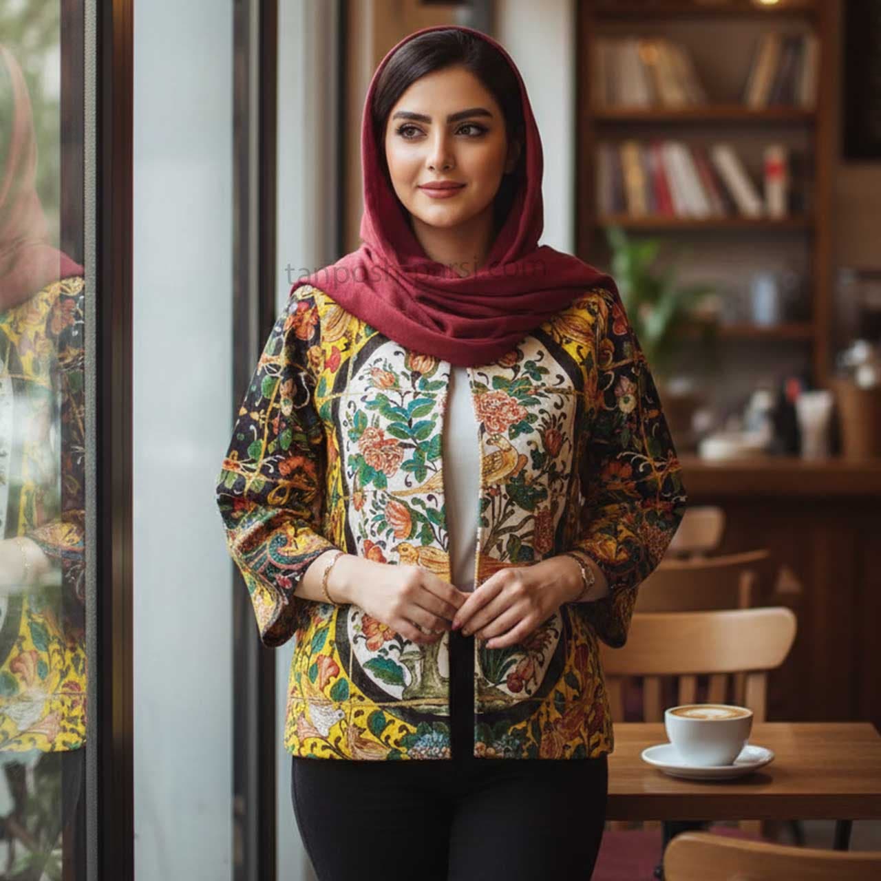 مانتو کتی طرح کاشی گل و مرغ زرد