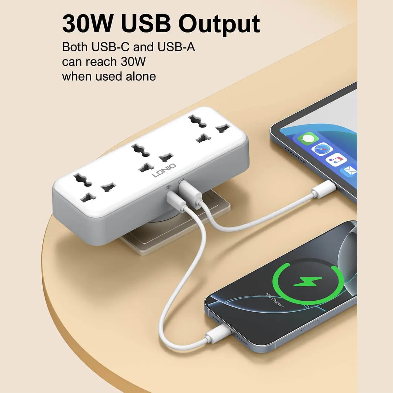 چندراهی برق دیواری 2500 وات 3 سوکت، یک USB و یک Type-C فست شارژ 30 وات الدنیو SC3317 — تصویر ۴