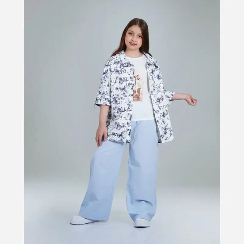 ست سه تیکه دخترانه شامل شومیز کتان، تیشرت فلامنت و شلوار بگ لینن — تصویر ۱۰