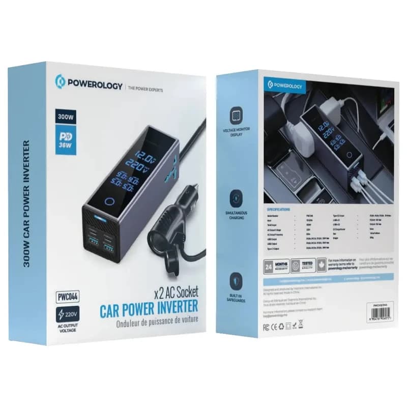 اینورتر فندکی پاورولوژی مدل PWCUQC044 ظرفیت 300 وات با نمایشگر — تصویر ۱۲