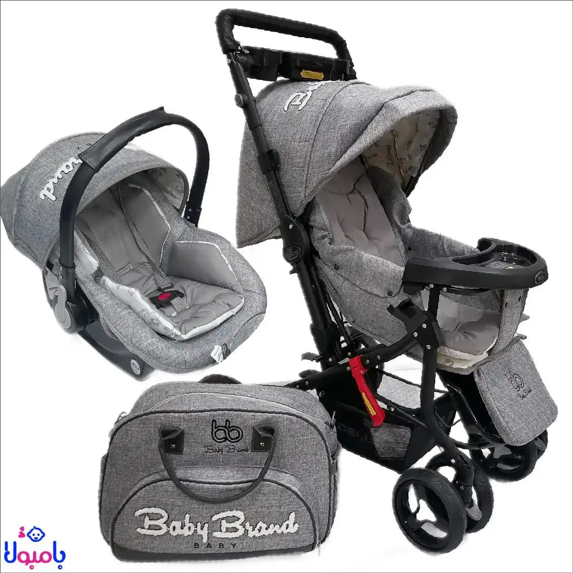 سرویس کالسکه و کریر به همراه کیف مادر baby band طوسی — تصویر ۹