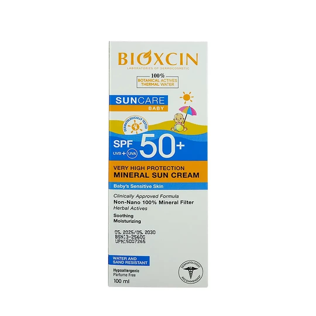 کرم ضد آفتاب بیوکسین مینرال کودک فاقد عطر spf +50 حجم 100 میل