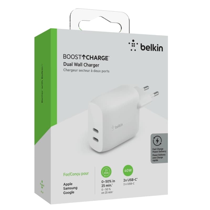 شارژر دیواری شارژ سریع 40 وات بلکین مدل WCB006vfWH با دو پورت USB-C — تصویر ۲