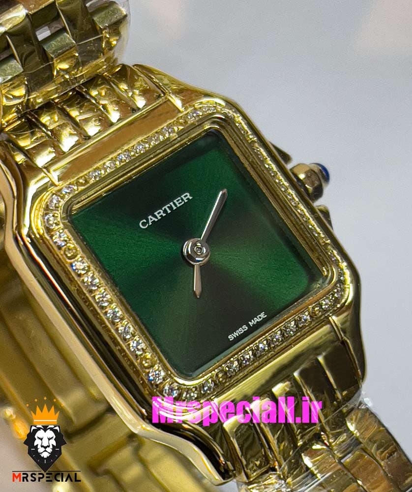 ساعت کارتیه زنانه مدل پنتر طلایی قاب نگین صفحه سبز CARTIER PANTHRE 021050 — تصویر ۵
