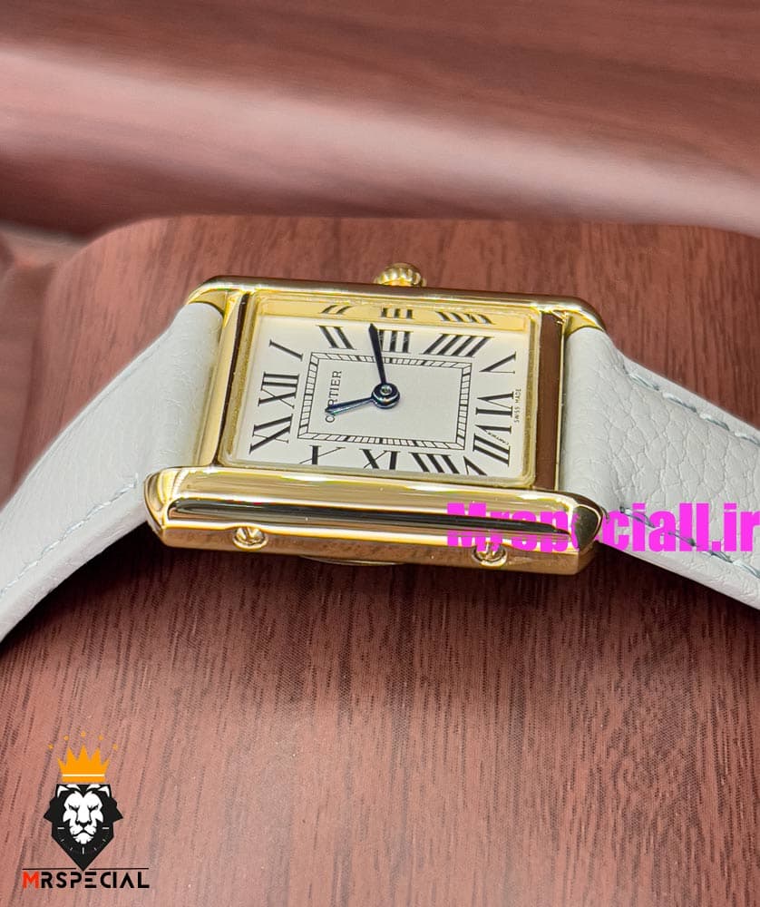 ساعت کارتیه زنانه مدل تانک کیفیت مستر قاب طلایی بند چرم طوسی Cartier Tank 021045 — تصویر ۶