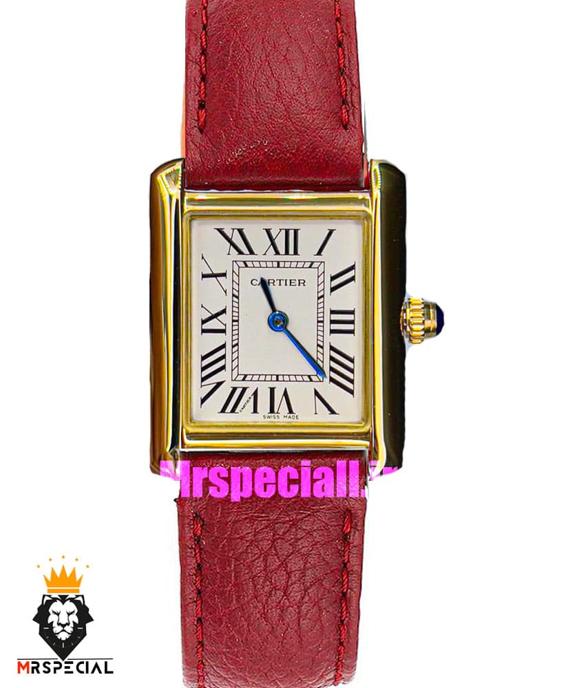 ساعت کارتیه زنانه مدل تانک کیفیت مستر قاب طلایی بند چرم قرمز Cartier Tank 021044 — تصویر ۹
