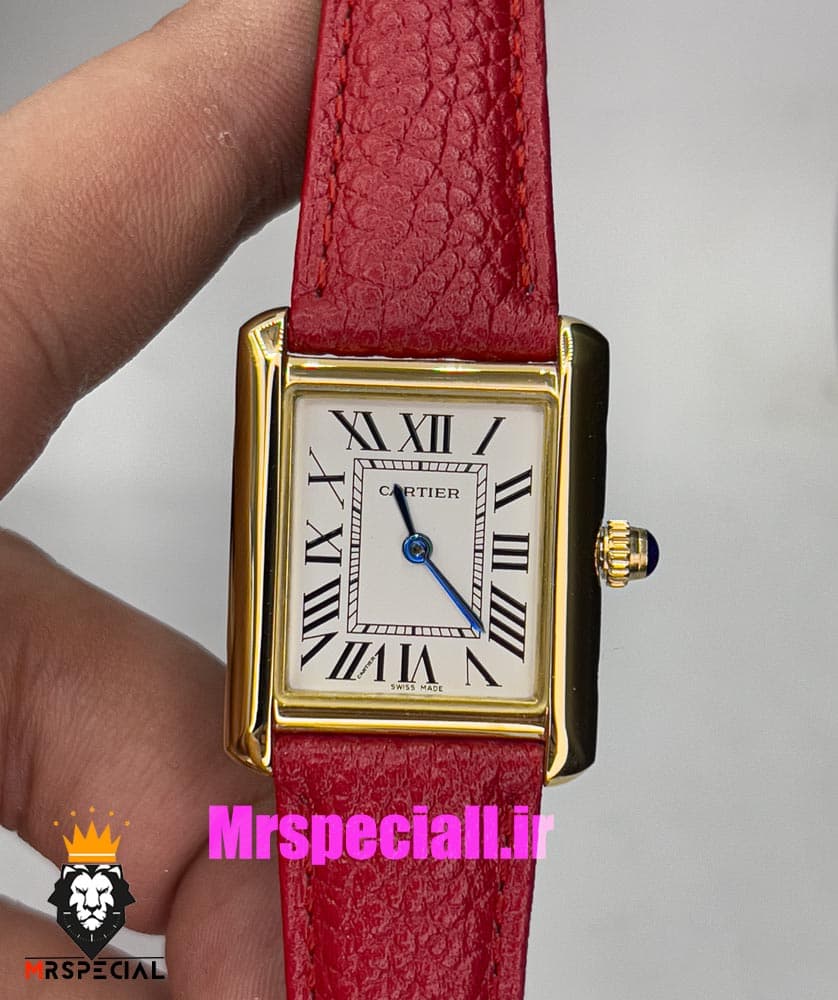 ساعت کارتیه زنانه مدل تانک کیفیت مستر قاب طلایی بند چرم قرمز Cartier Tank 021044 — تصویر ۱۱