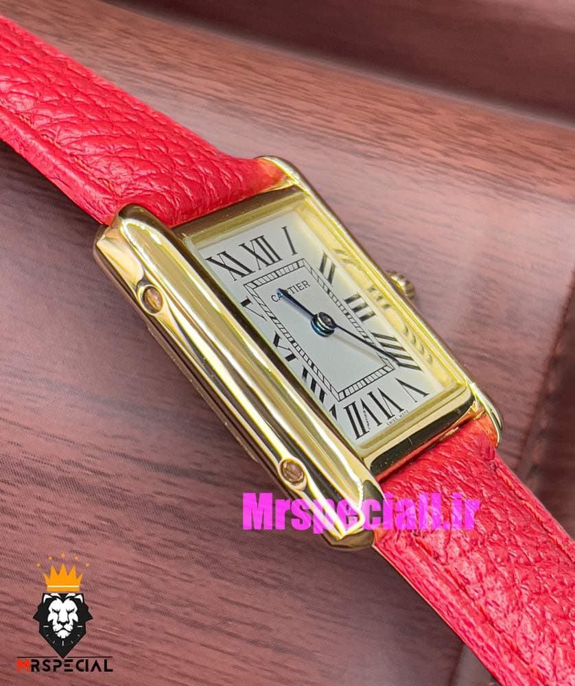 ساعت کارتیه زنانه مدل تانک کیفیت مستر قاب طلایی بند چرم قرمز Cartier Tank 021044 — تصویر ۶