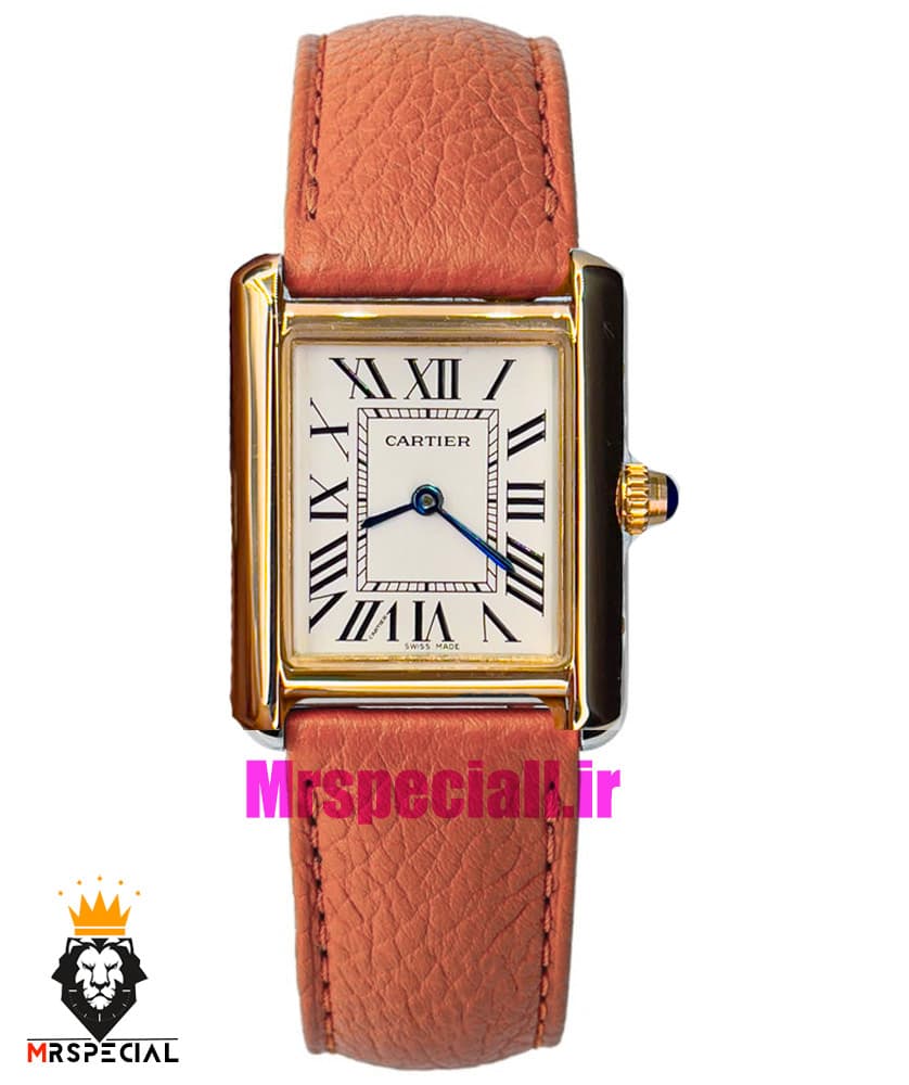 ساعت کارتیه زنانه مدل تانک کیفیت مستر قاب طلایی بند چرم کاراملی Cartier Tank 021041