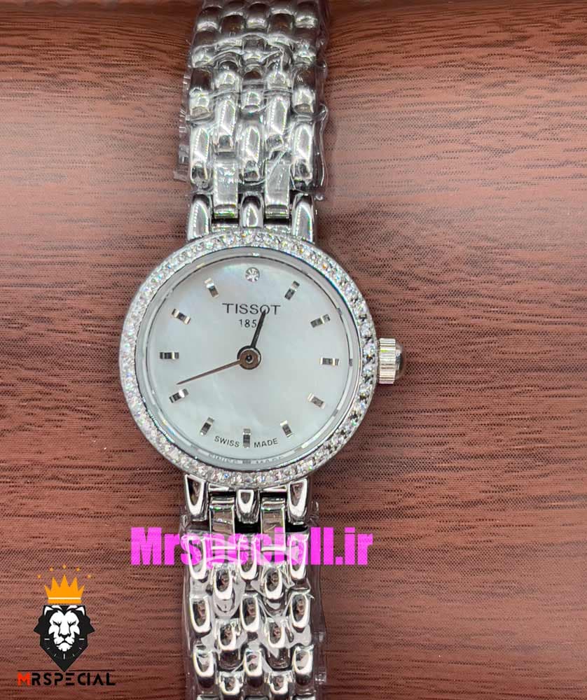 ساعت تیسوت زنانه کوارتز استیل نقره ای صفحه سفید قاب نگین 021001 TISSOT Lovely — تصویر ۱۱