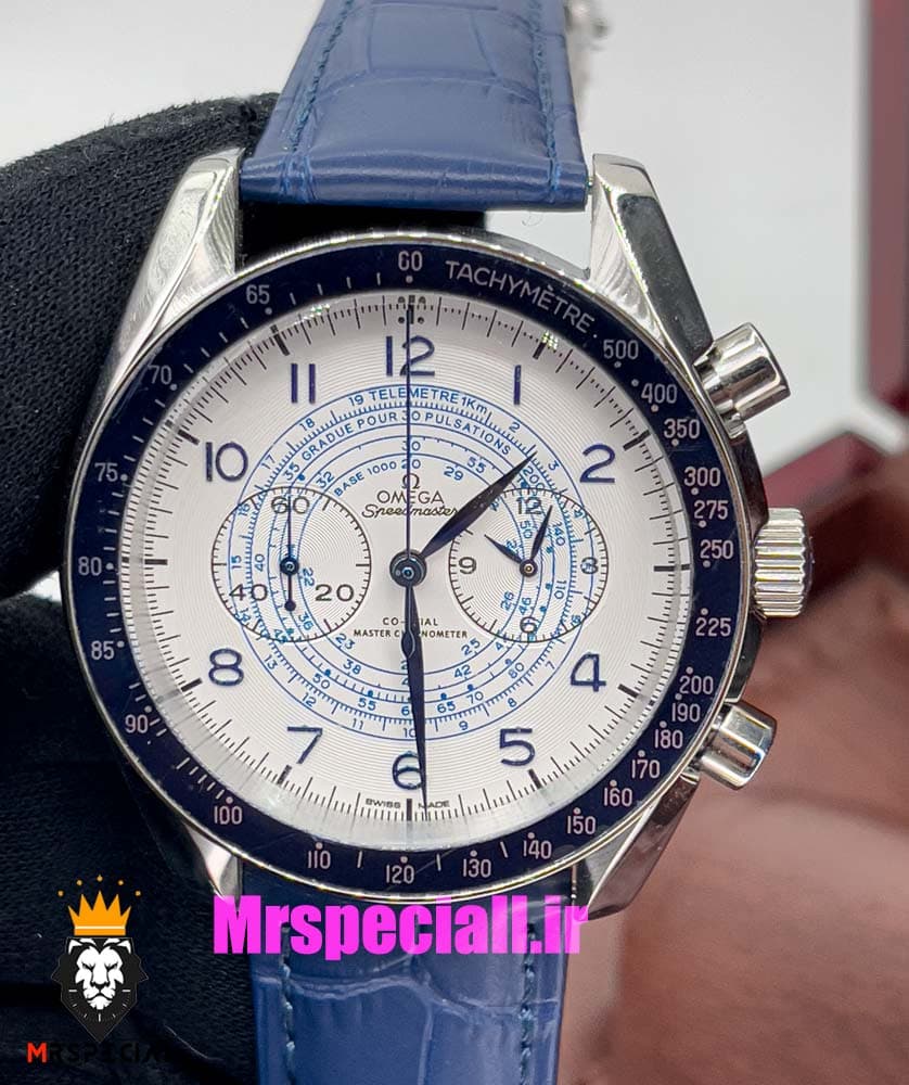 ساعت مچی مردانه امگا اسپید مستر کرنوگراف بند چرم ابی صفحه سفید OMEGA Speedmaster 020995 — تصویر ۱۰