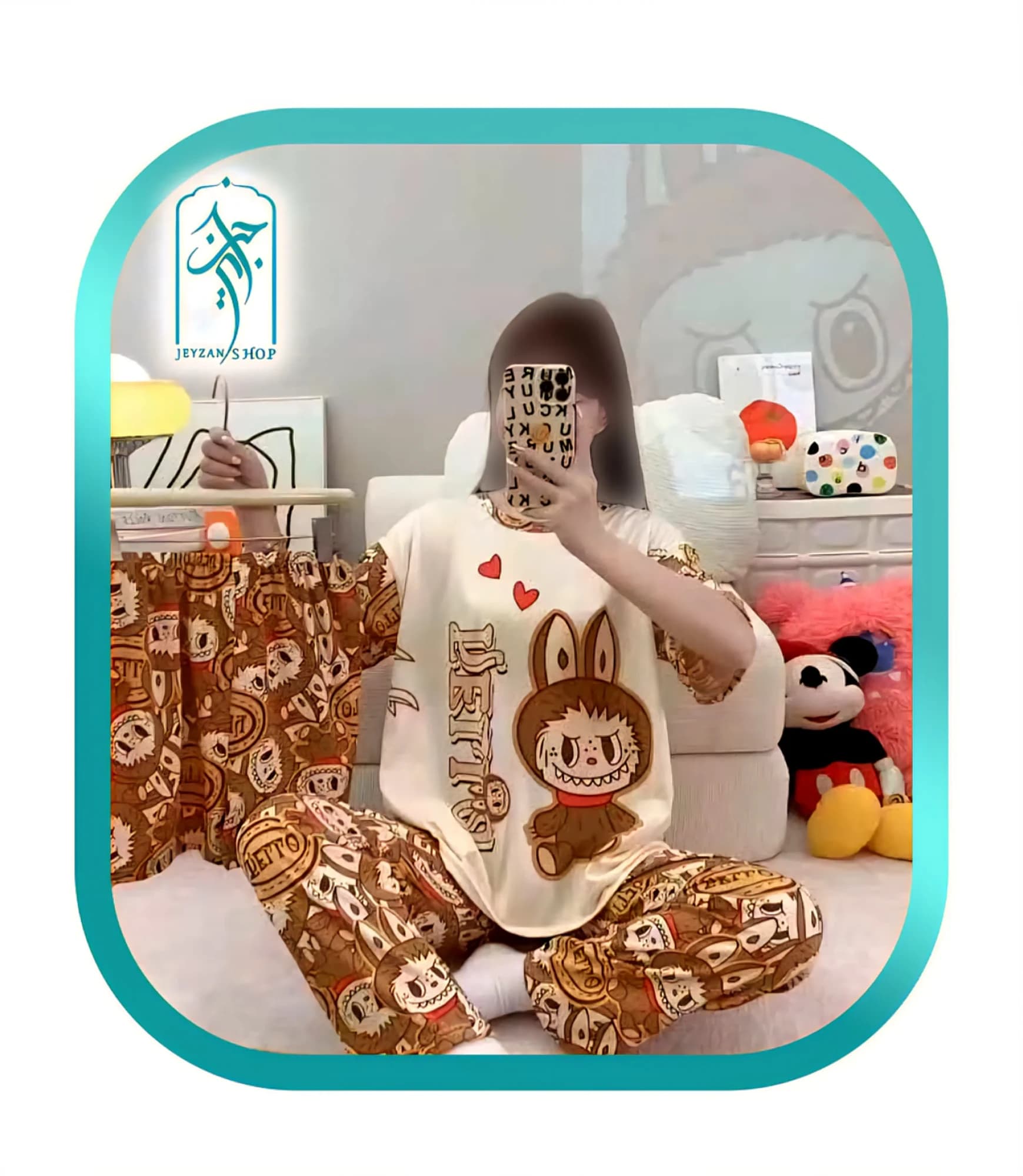 لباس ست سه تکه راحتی دخترانه و زنانه طرح لبوبو کرم کد H074