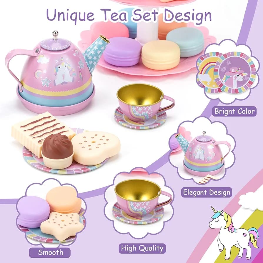 ست ظروف خاله بازی فلزی چای خوری و استند کیک پونی — تصویر ۳