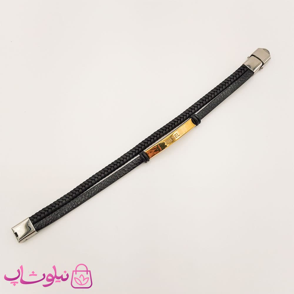 دستبند مردانه چرم و استیل دیزل طلایی مشکی — تصویر ۲