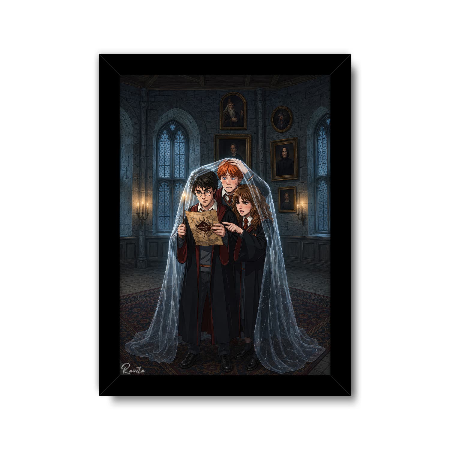 تابلو تکی راویتا طرح هری پاتر، رون و هرماینی زیر شنل نامرئی – Harry Potter, Ron & Hermione Beneath the Invisibility Cloak کد 3848