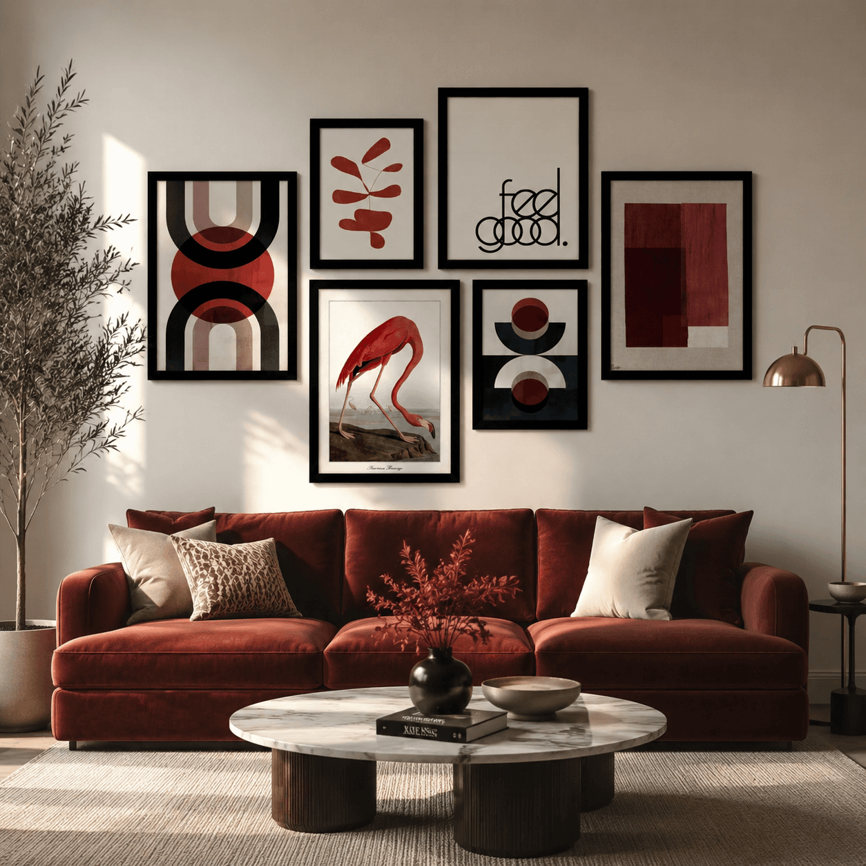 ست ۶ تکه تابلو دکوراتیو طرح فلامینگو و هندسه (تم زرشکی و مشکی) | طرح T-488 — تصویر ۹