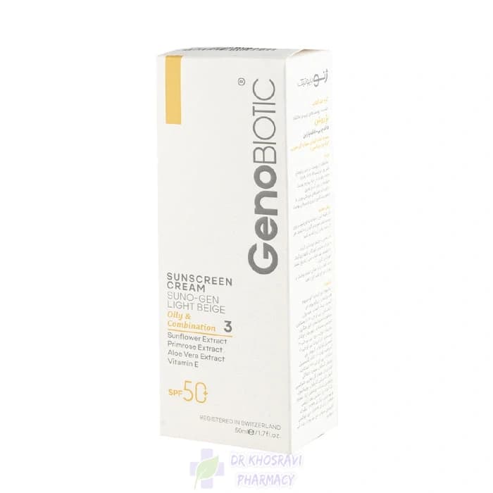 ضد آفتاب پوست چرب ژنوبایوتیک رنگ بژ روشن SPF50 — تصویر ۳
