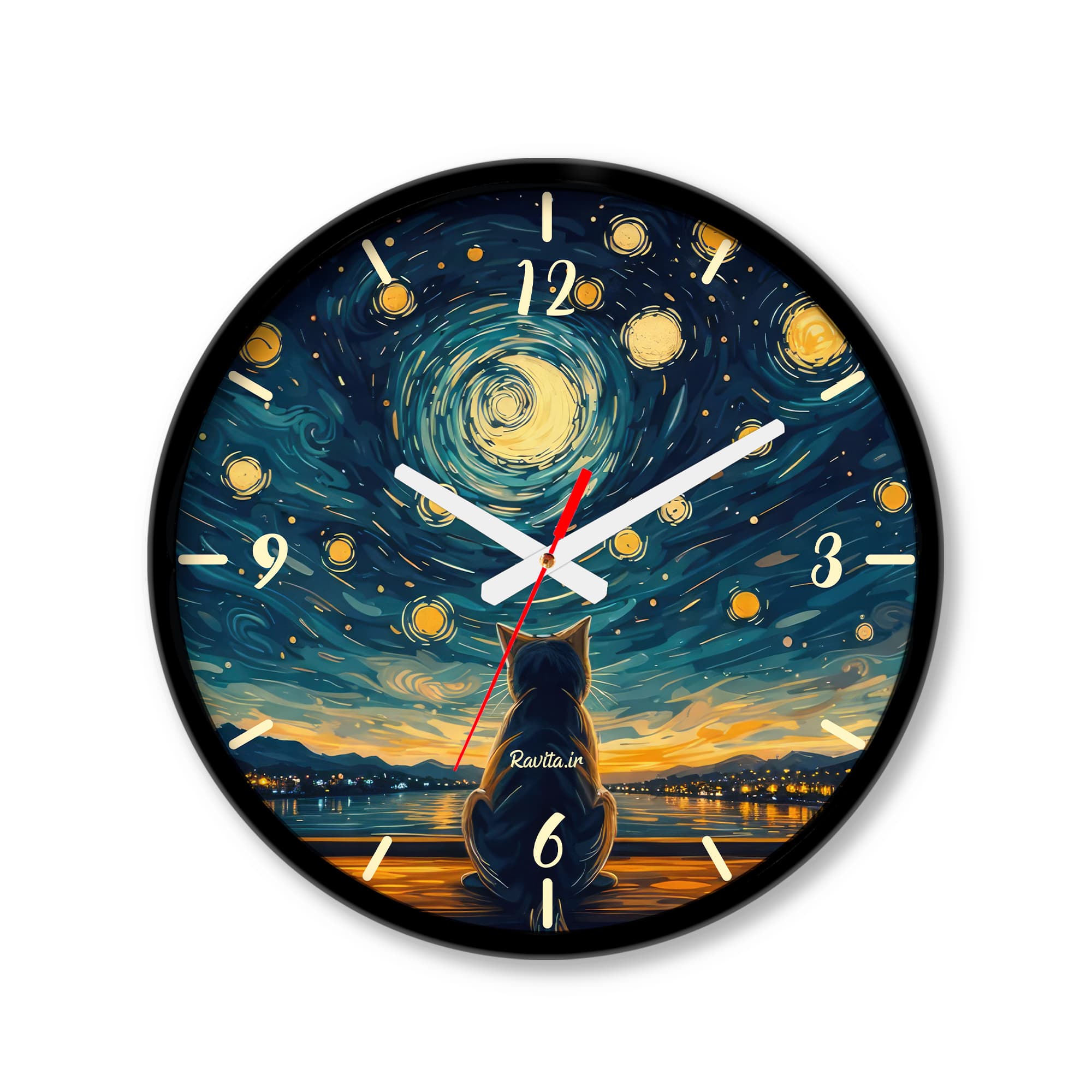 ساعت رومیزی دیواری راویتا طرح گربه به سبک ون گوک – Van Gogh کد 3836